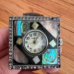 Narmi Square Face Statement Watch with mother of pearl inlay and rhinestones